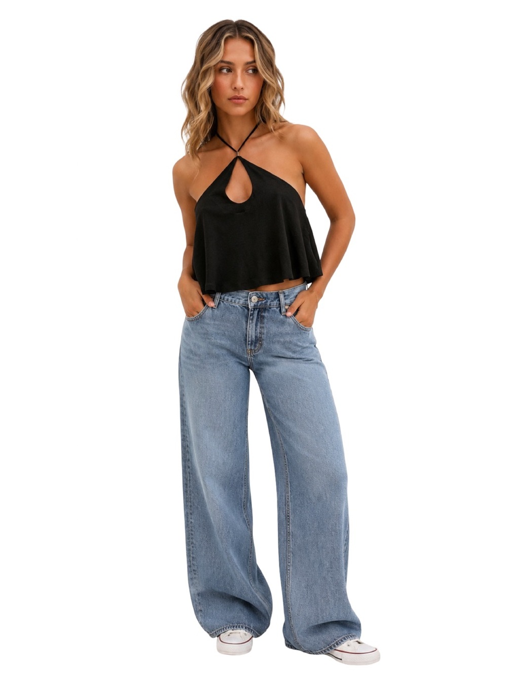 Free People Long Weekend Knit Flounce Top in Black NEW